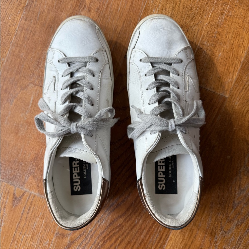 Golden Goose Super-Star Low-Top Sneakers - White Leather + Metallic - Size 37